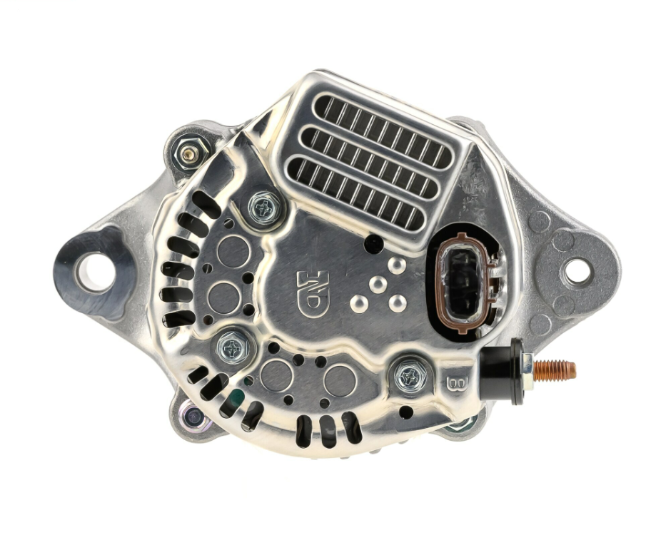 Denso alternator, 14V 35A for Komatsu; silver metal housing with vented cover and electrical connector.