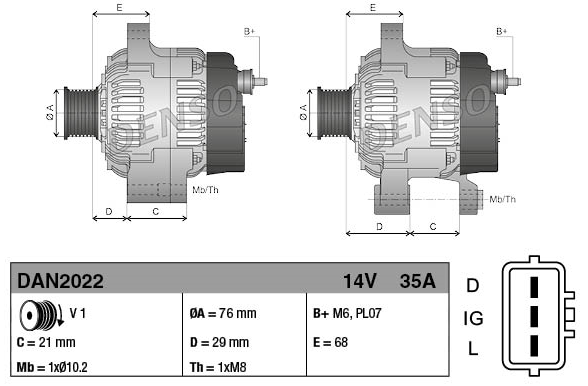 Two Denso alternators, 14V 35A for Komatsu; machinery category with dual-view diagrams, mounting and connector specs.