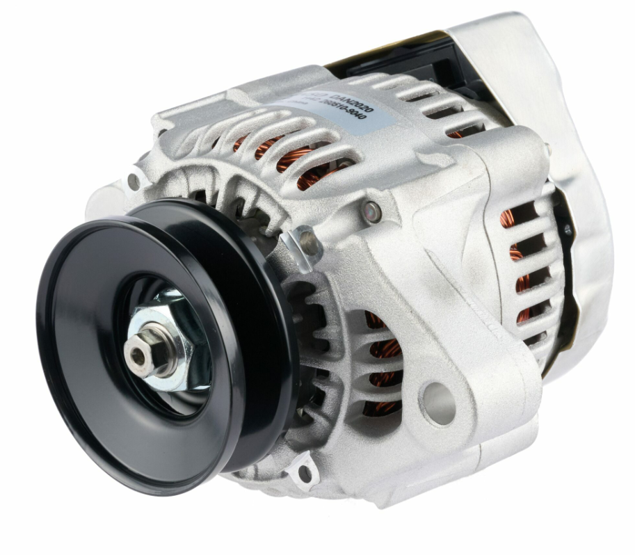 Denso alternator, 14V 30A, for Kubota machinery, silver housing with black pulley