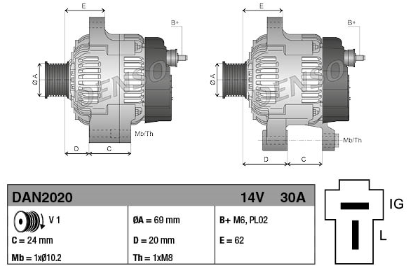 Denso 14V 30A Kubota machinery alternator; two views with mounting dimensions and B+ terminal.