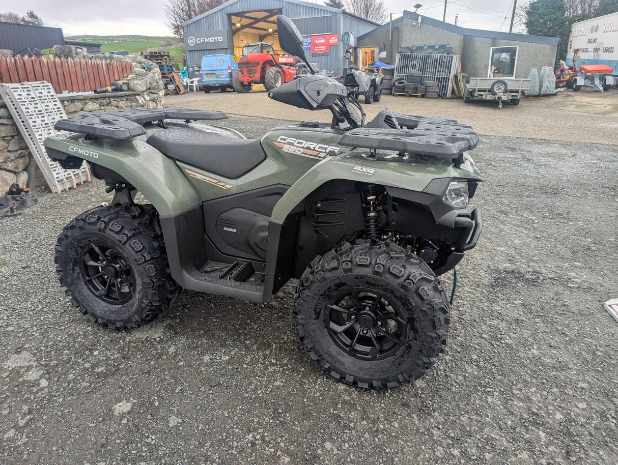 CFORCE 520 2026 ATV by CFMOTO, olive green with front and rear racks and rugged off-road tires