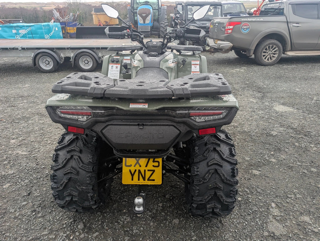 CFMOTO CFORCE 520 2026 ATV rear view in olive green with cargo rack and tow hitch.