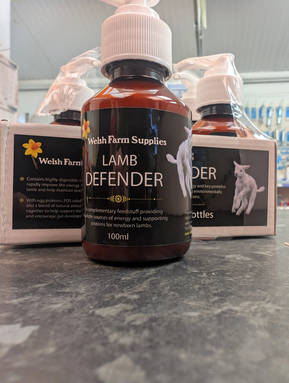 Lamb Defender supplement bottle by Welsh Farm Supplies, 100ml, brown glass with white cap