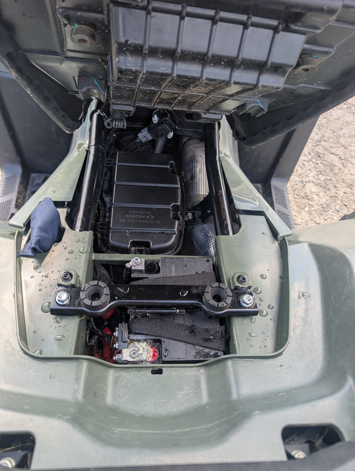 Used CFMOTO CFORCE 520 ATV under-seat battery box and wiring, olive-green frame