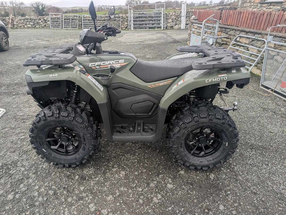 CFMOTO CFORCE 520 ATV, olive-green mid-size quad with front/rear cargo racks and rugged off-road tires