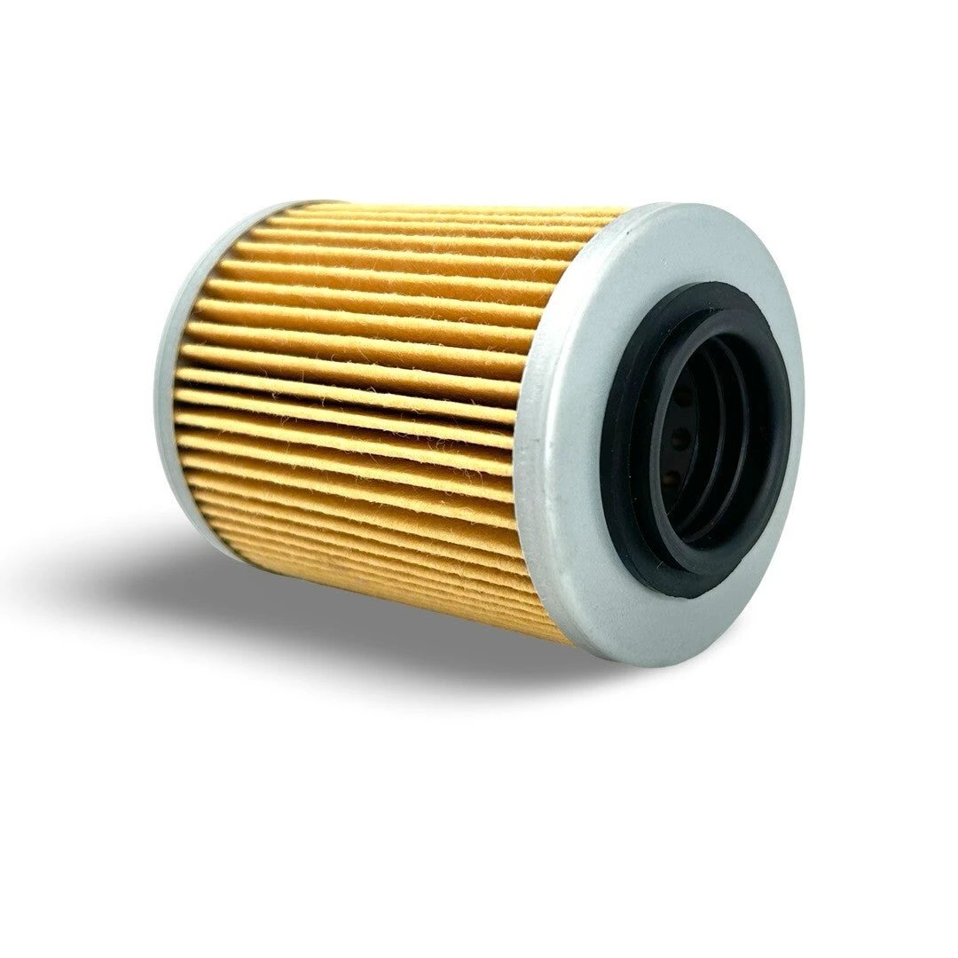 CFMOTO oil filter with gold pleated filter media and metal end caps