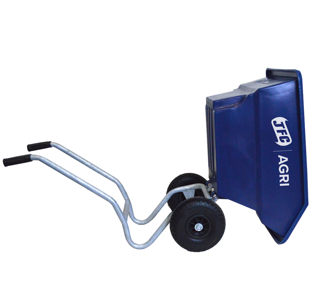 Junior 125L tipping wheelbarrow for kids, blue tub with puncture-proof wheels by JFC Agri.