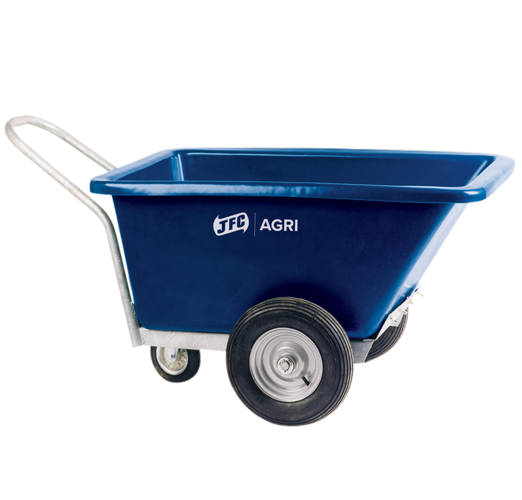 JFC Agri three-wheeled blue feed barrow with swivel wheel