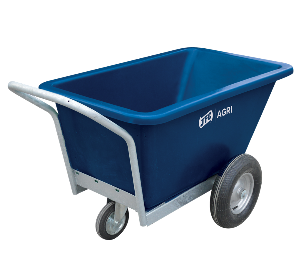 JFC Agri blue three-wheeled feed barrow with swivel front wheel and steel frame