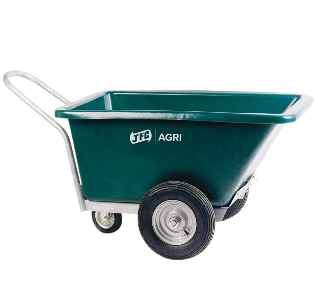 JFC Agri three-wheeled green heavy-duty feed barrow with swivel wheel.