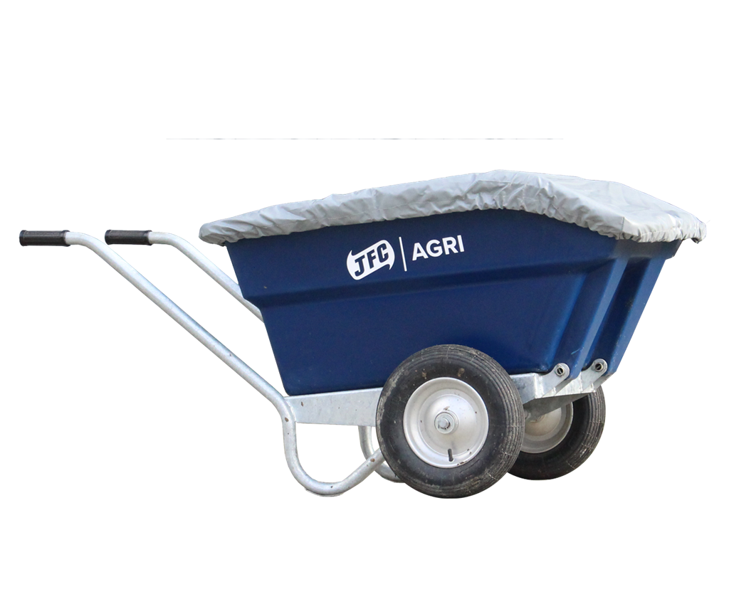 JFC Agri wheelbarrow cover for TWB250; heavy-duty weatherproof, elasticated, on blue wheelbarrow.