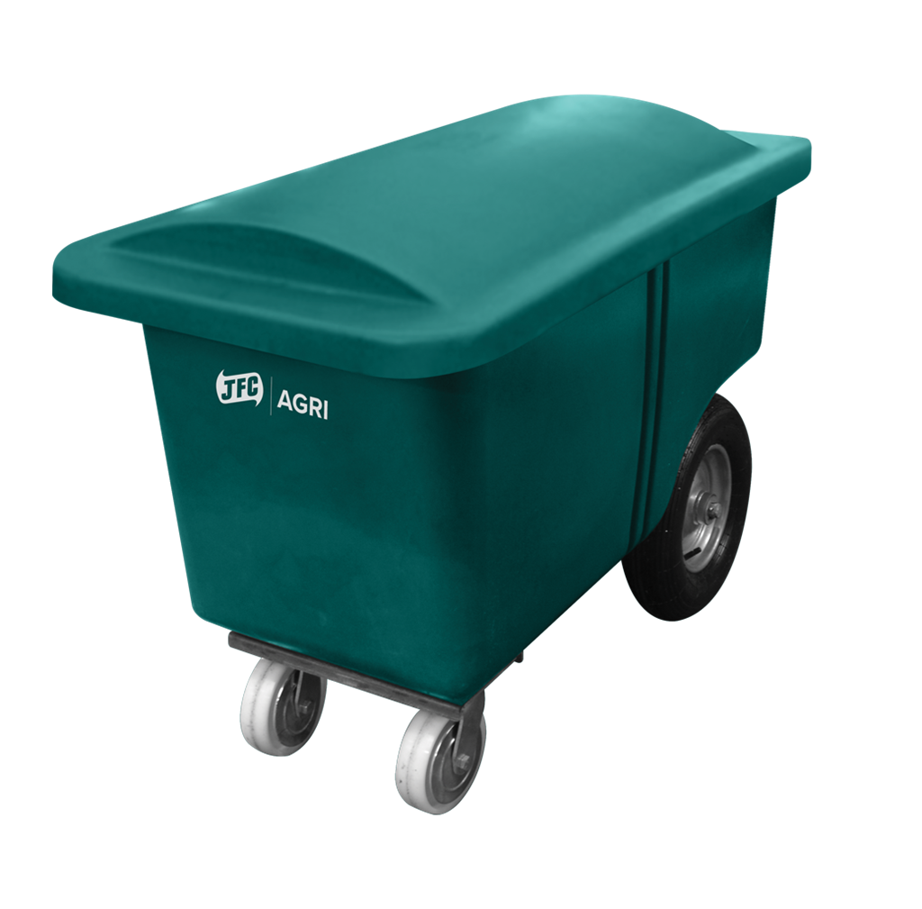 Drop-on lid for slimline feed barrow by JFC Agri; green UV-resistant plastic with branding