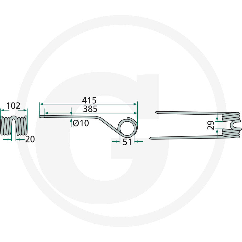 GRANIT Rotary Tedder Tine left, single unit; engineering dimension diagram with coil spring and measured lengths