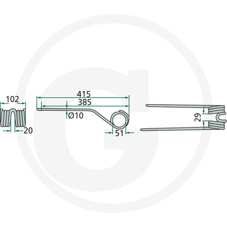 GRANIT Rotary Tedder Tine left, single unit; engineering dimension diagram with coil spring and measured lengths