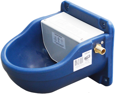 JFC Agri Micro Drink Bowl, blue plastic drinking bowl with brass float valve for livestock waterers