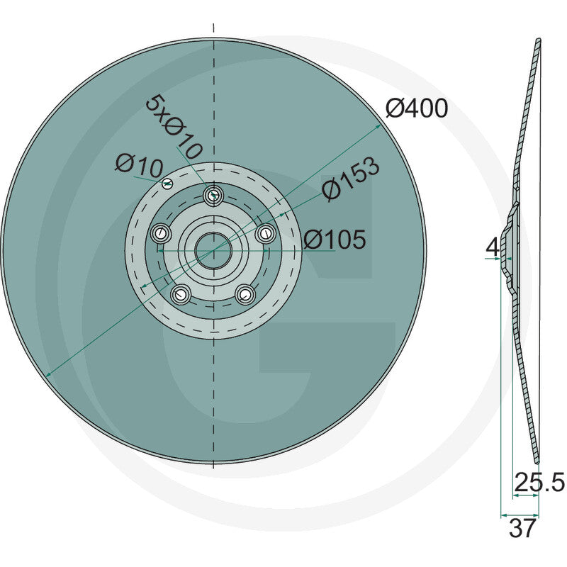 Coulter Disc GRANIT, 1800560012; 400 mm diameter with central hub and 5x diameter 10 mounting holes.