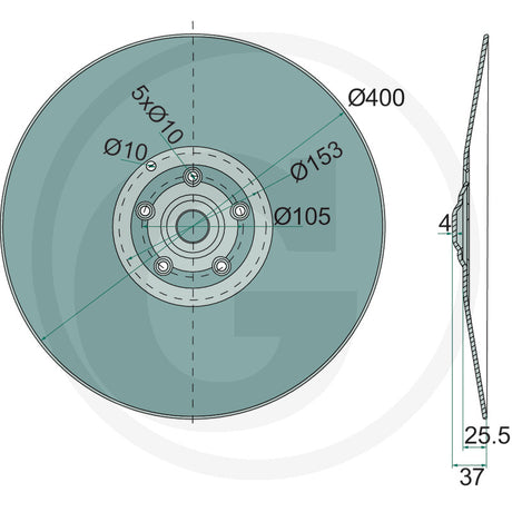 Coulter Disc GRANIT, 1800560012; 400 mm diameter with central hub and 5x diameter 10 mounting holes.