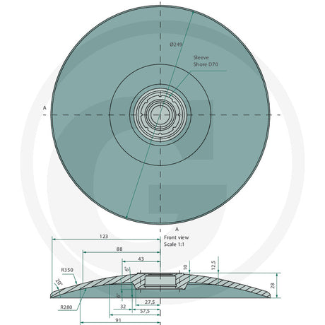 Granit Flexible Disc 18018041 teal tillage part; front and top views with central hub