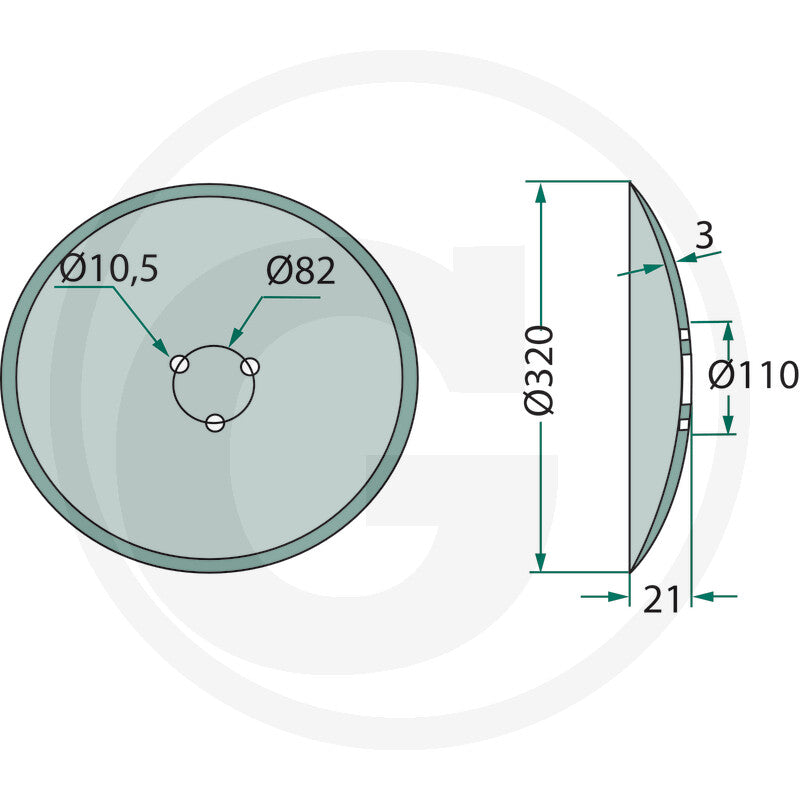 Coulter Disc GRANIT, dimension diagram showing outer Ø320 mm, hub Ø82 mm, and bolt holes Ø10.5 mm.