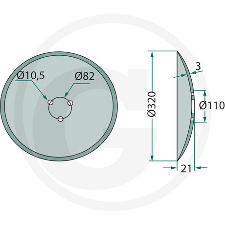Coulter Disc GRANIT, dimension diagram showing outer diameter 320 mm, hub diameter 82 mm, and bolt holes diameter 10.5 mm.