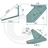 Mulch Mix Wing Share tillage part by Granit; teal metal component shown in a dimensional technical diagram