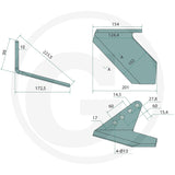 Granit Mulch Mix Wing Share (Left) teal metal tillage part with detailed dimensions