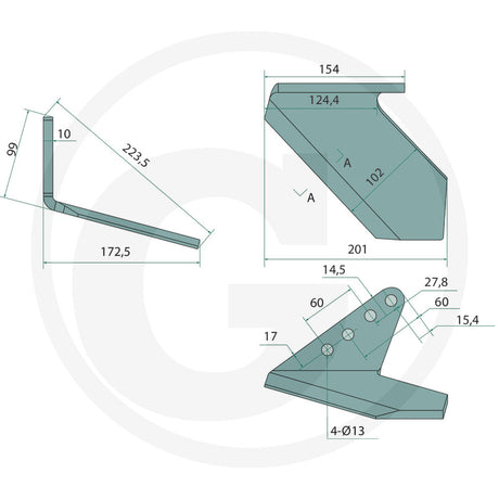 Granit Mulch Mix Wing Share (Left) teal metal tillage part with detailed dimensions