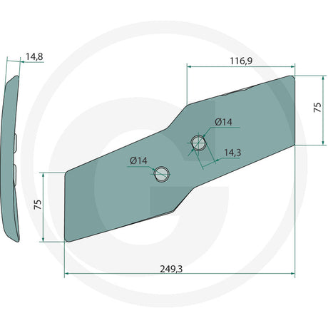 Granit reversible tillage point blade, teal metal with two Ø14 holes for mounting, 249.3 mm long and 75 mm tall.