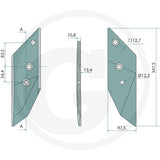 Granit Share Point (Right) tillage part, teal metal with mounting holes and dimensions