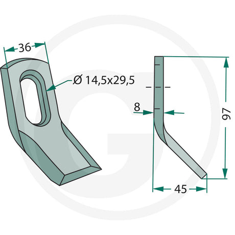 Y Flail Blade for hedgecutter flails, Bomford/McConnel 43092.01, DGT Agri, gray-green metal.