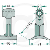 Pruning T Flail blade guard for Spearhead MP1/Bomford, DGT Agri; hedgecutter flails with dimensions 44/55/71 and R115.