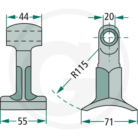 Pruning T Flail blade guard for Spearhead MP1/Bomford, DGT Agri; hedgecutter flails with dimensions 44/55/71 and R115.