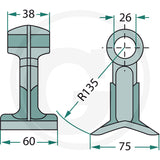 Blade guard for pruning competition flail; teal/gray guard with mounting hole and R135 radius.