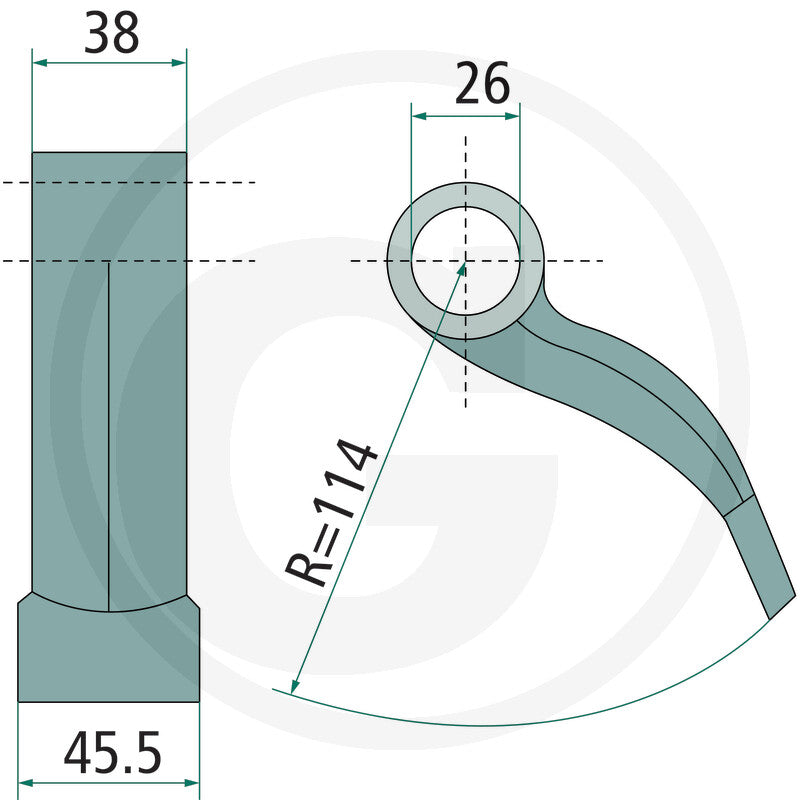Hedgecutter flail arm with mounting eye in teal metal; technical diagram shows dimensions R=114, 26 mm and 38 mm.