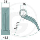 Hedgecutter flail arm with mounting eye in teal metal; technical diagram shows dimensions R=114, 26 mm and 38 mm.