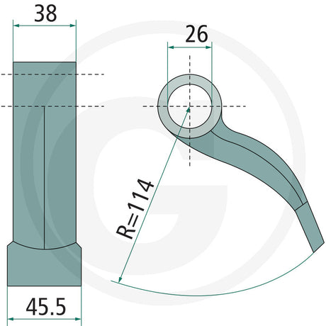 Hedgecutter flail arm with mounting eye in teal metal; technical diagram shows dimensions R=114, 26 mm and 38 mm.