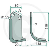 Curved blade by GRANIT for tillage parts, 180HOW-08R, with two 16.5 mm mounting holes