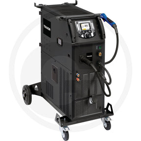 TRAXOR Multipuls 400+ welding machine on a wheeled cart with handheld torch