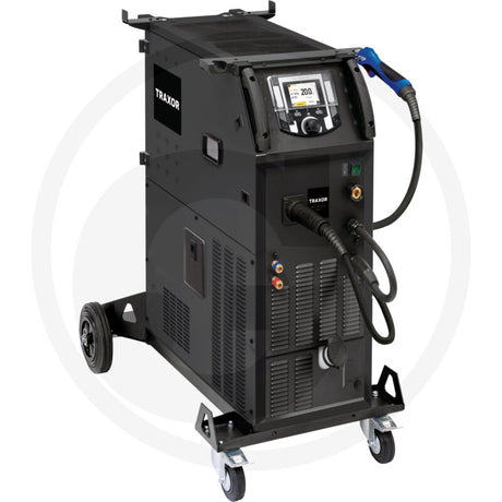 TRAXOR Multipuls 400+ welding machine on a wheeled cart with handheld torch