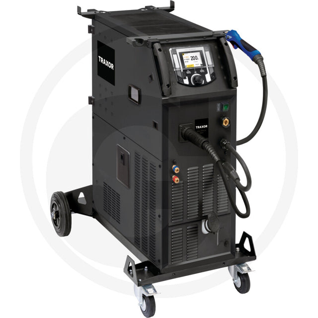 TRAXOR Multipuls 400+ welding machine on a wheeled cart with handheld torch
