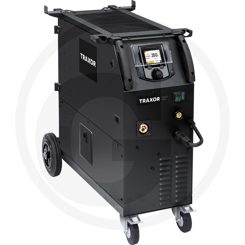 TRAXOR Multi 320+ welding machine, portable black welder on wheels with digital display.