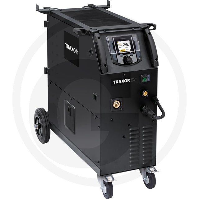 TRAXOR Multi 320+ welding machine, portable black welder on wheels with digital display.