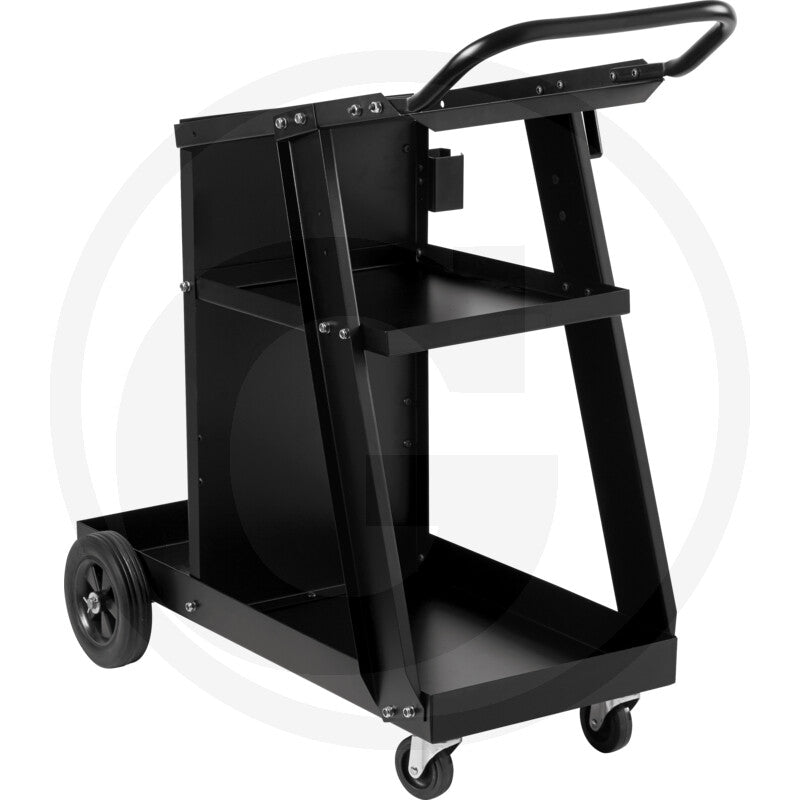 Telwin America Welding Trolley and Gas Cylinder Cart, black metal welding cart with handle and caster wheels.