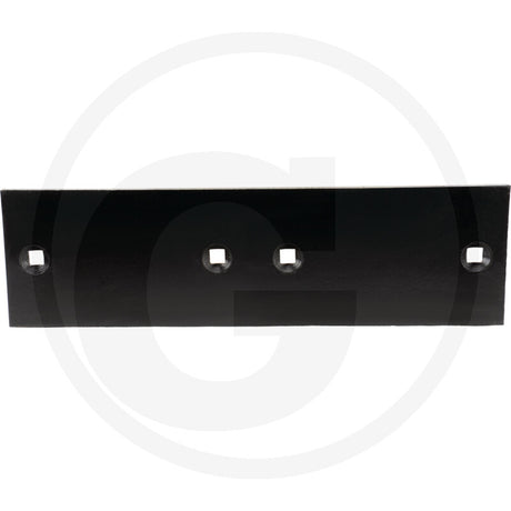 Landside plate for tillage equipment, black metal with five mounting holes.