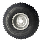 ATV wheel and tire, 22x11x8, black knobby tire mounted on a silver steel rim