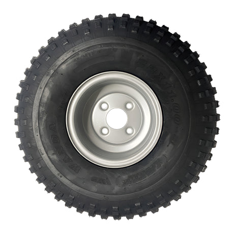 ATV wheel and tire, 22x11x8, black knobby tire mounted on a silver steel rim