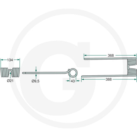 Granit Rotary Harrow Tine Green, pack of 10 – technical drawing with dimensions showing coil spring, rod and eyelet components