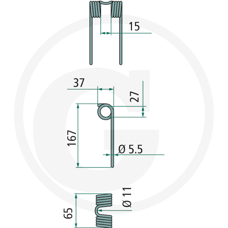 Granit Pick-up Tine (4 Coils) by GRANIT for Deutz-Fahr/Taarup/Vicon, dimensioned drawing