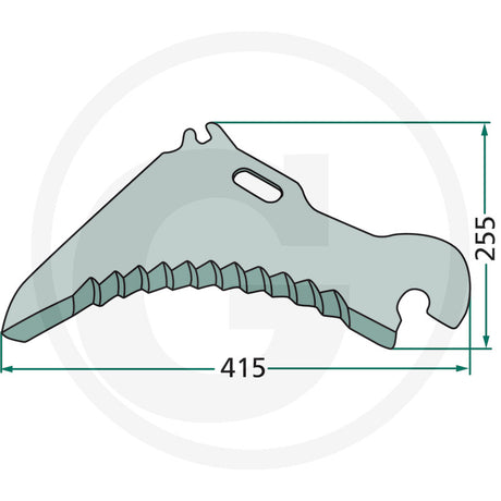 Granit blade for Rotobull/Agrobull tiller, GRANIT brand; curved cultivator blade with serrated edge and mounting hole.
