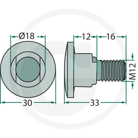 Granit blade bolt with flange, M12 thread; 33 mm overall length